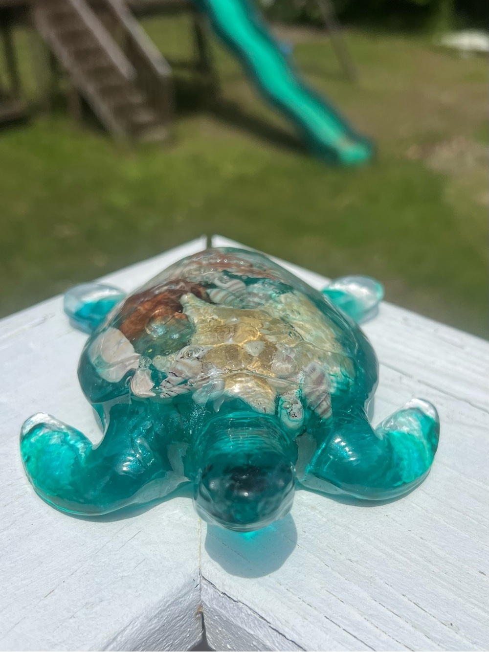 Aqua Glass Sea Turtle Figurine with Shell Inlay